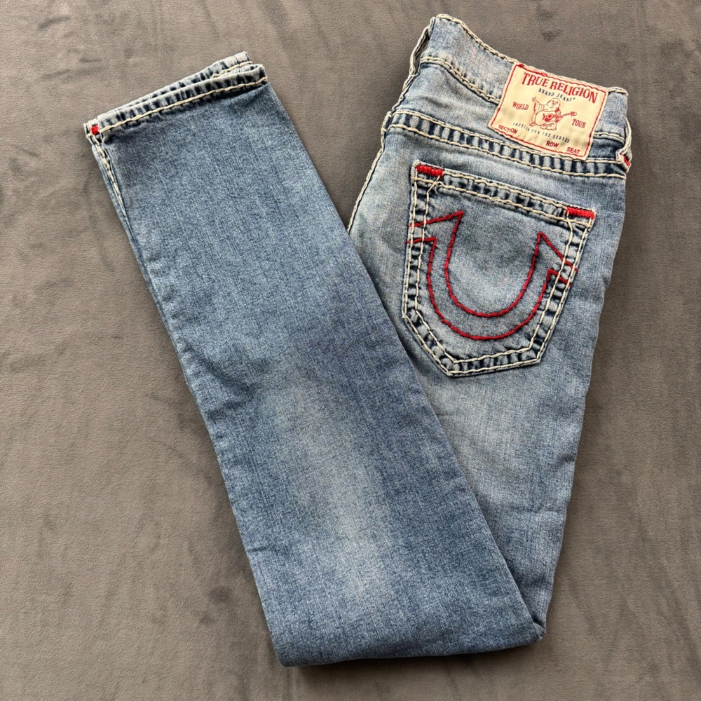 True Religion Rocco Relaxed Skinny Jeans Light Wash Red Stitching Mens 32x33